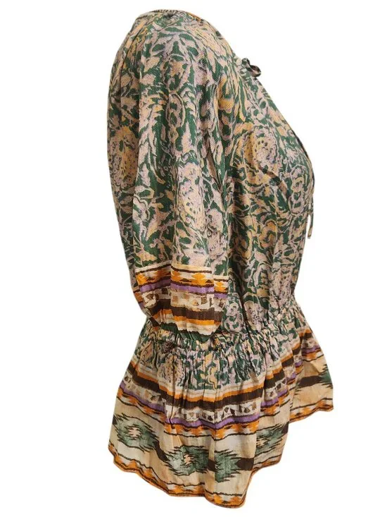 CURRENT AIR Floral Aztec Print V-Neck Short Sleeve Peplum Blouse Size L - Picture 5 of 6